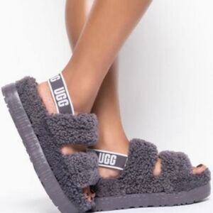 New UGG Oh Fluffita Fur & Leather Platform Cozycore Sandals Purple 9